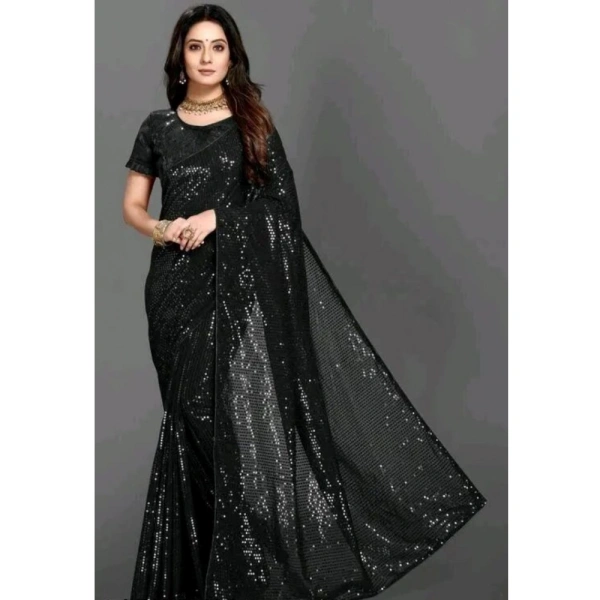 Generic Women's Georgette Embellished Sequnece Bollywood Saree With Unstitched Blouse 5.5Mtr (Black) - Black
