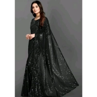 Generic Women's Georgette Embellished Sequnece Bollywood Saree With Unstitched Blouse 5.5Mtr (Black) - Black