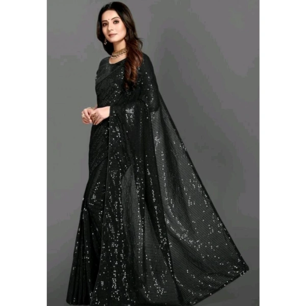 Generic Women's Georgette Embellished Sequnece Bollywood Saree With Unstitched Blouse 5.5Mtr (Black) - Black