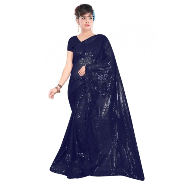 Generic Women's Georgette Embellished Sequnece Bollywood Saree With Unstitched Blouse 5.5Mtr (Blue) - Blue