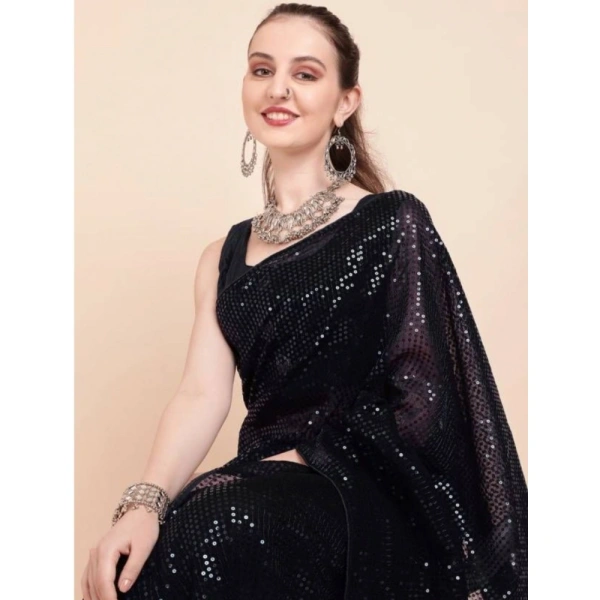 Generic Women's Georgette Embellished Sequnece Bollywood Saree With Unstitched Blouse 5.5Mtr (Black) - Black