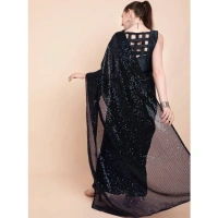Generic Women's Georgette Embellished Sequnece Bollywood Saree With Unstitched Blouse 5.5Mtr (Black) - Black