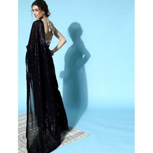 Generic Women's Georgette Embellished Sequnece Bollywood Saree With Unstitched Blouse 5.5Mtr (Black) - Black