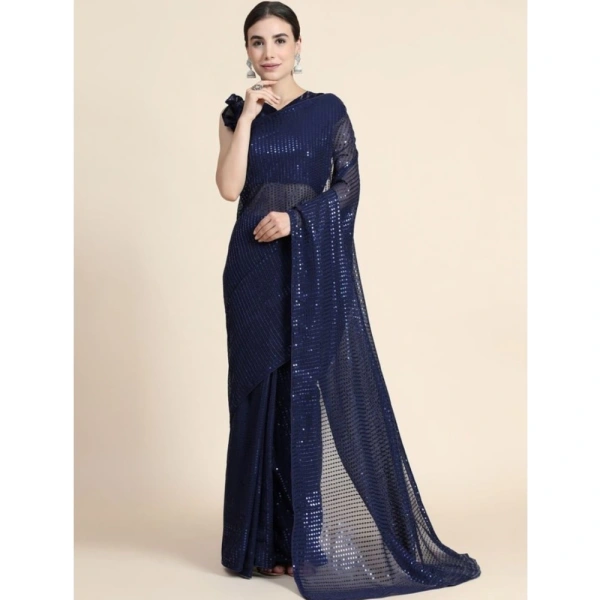 Generic Women's Georgette Embellished Sequnece Bollywood Saree With Unstitched Blouse 5.5Mtr (Blue) - Blue