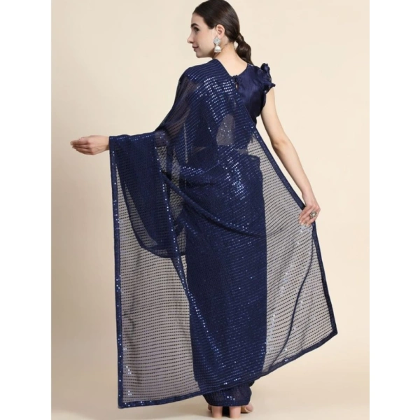 Generic Women's Georgette Embellished Sequnece Bollywood Saree With Unstitched Blouse 5.5Mtr (Blue) - Blue