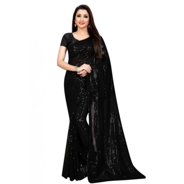 Generic Women's Georgette Embellished Sequnece Bollywood Saree With Unstitched Blouse 5.5Mtr (Black) - Black