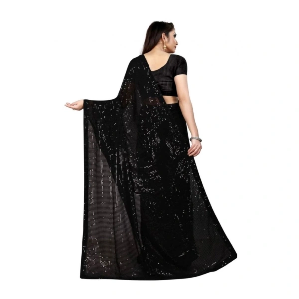 Generic Women's Georgette Embellished Sequnece Bollywood Saree With Unstitched Blouse 5.5Mtr (Black) - Black