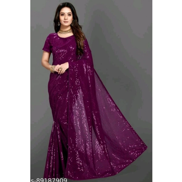 Generic Women's Georgette Embellished Sequnece Bollywood Saree With Unstitched Blouse 5.5Mtr (Purple) - Purple