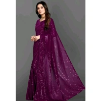Generic Women's Georgette Embellished Sequnece Bollywood Saree With Unstitched Blouse 5.5Mtr (Purple) - Purple