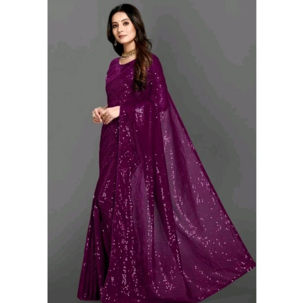 Generic Women's Georgette Embellished Sequnece Bollywood Saree With Unstitched Blouse 5.5Mtr (Purple) - Purple
