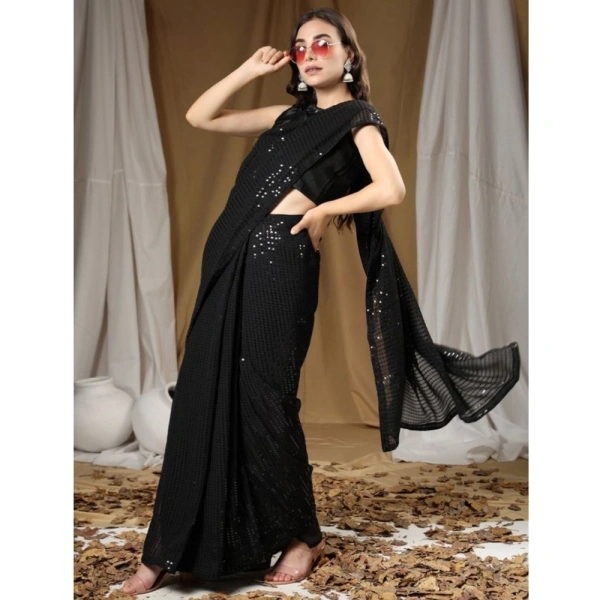 Generic Women's Georgette Embellished Sequnece Bollywood Saree With Unstitched Blouse 5.5Mtr (Black) - Black