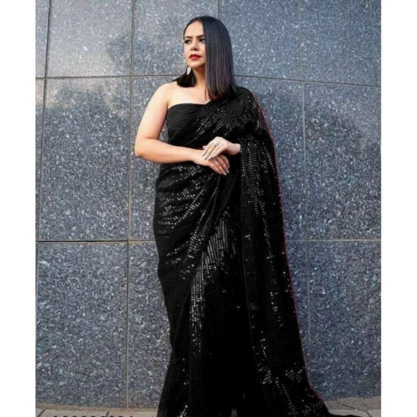 Generic Women's Georgette Embellished Sequnece Bollywood Saree With Unstitched Blouse 5.5Mtr (Black) - Black