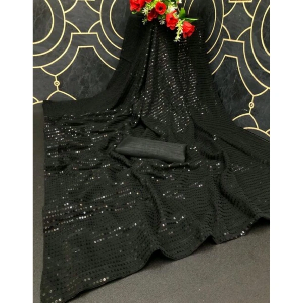 Generic Women's Georgette Embellished Sequnece Bollywood Saree With Unstitched Blouse 5.5Mtr (Black) - Black
