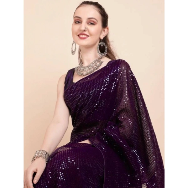 Generic Women's Georgette Embellished Sequnece Bollywood Saree With Unstitched Blouse 5.5Mtr (Purple) - Purple