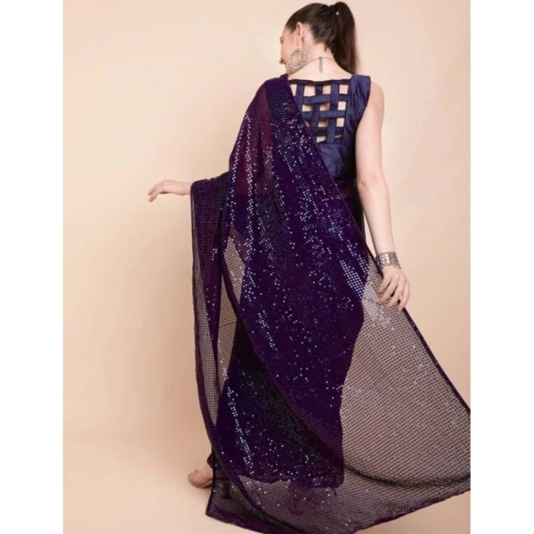 Generic Women's Georgette Embellished Sequnece Bollywood Saree With Unstitched Blouse 5.5Mtr (Purple) - Purple