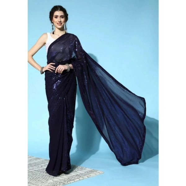 Generic Women's Georgette Embellished Sequnece Bollywood Saree With Unstitched Blouse 5.5Mtr (Blue) - Blue