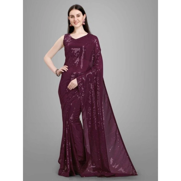 Generic Women's Georgette Embellished Sequnece Bollywood Saree With Unstitched Blouse 5.5Mtr (Purple) - Purple