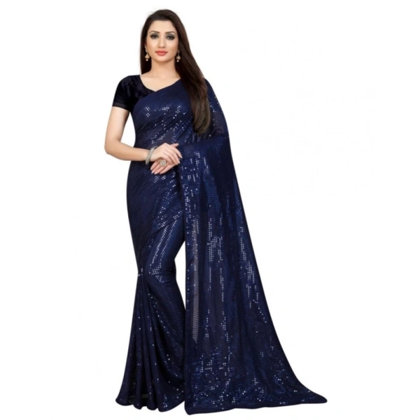 Generic Women's Georgette Embellished Sequnece Bollywood Saree With Unstitched Blouse 5.5Mtr (Blue) - Blue