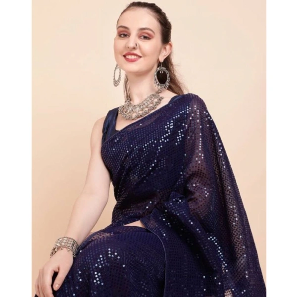 Generic Women's Georgette Embellished Sequnece Bollywood Saree With Unstitched Blouse 5.5Mtr (Blue) - Blue