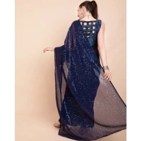 Generic Women's Georgette Embellished Sequnece Bollywood Saree With Unstitched Blouse 5.5Mtr (Blue) - Blue