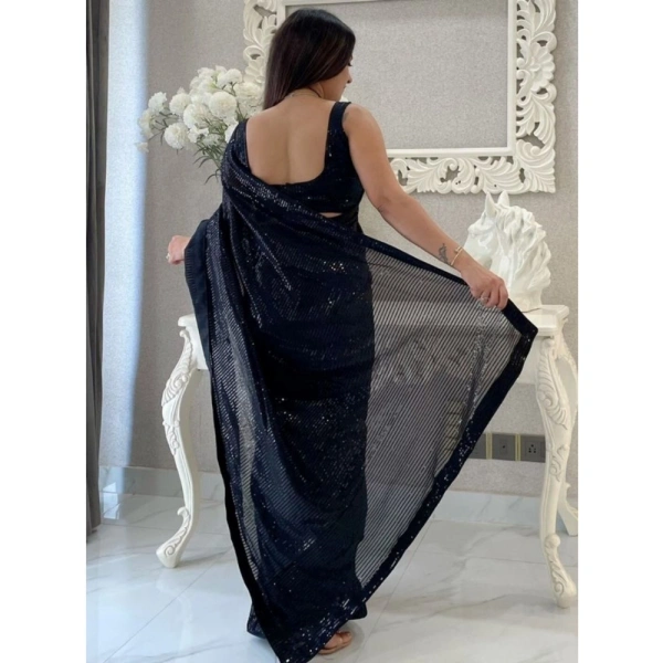 Generic Women's Georgette Embellished Sequnece Bollywood Saree With Unstitched Blouse 5.5Mtr (Black) - Black