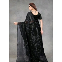 Generic Women's Georgette Embellished Sequnece Bollywood Saree With Unstitched Blouse 5.5Mtr (Black) - Black