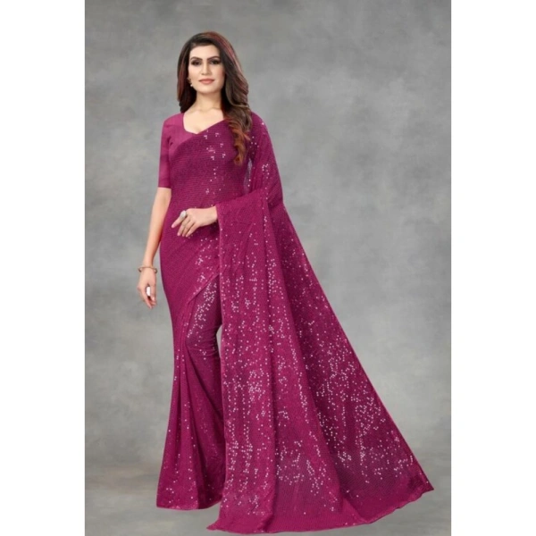 Generic Women's Georgette Embellished Sequnece Bollywood Saree With Unstitched Blouse 5.5Mtr (Purple) - Purple