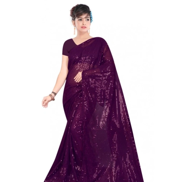 Generic Women's Georgette Embellished Sequnece Bollywood Saree With Unstitched Blouse 5.5Mtr (Purple) - Purple