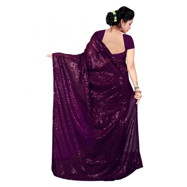 Generic Women's Georgette Embellished Sequnece Bollywood Saree With Unstitched Blouse 5.5Mtr (Purple) - Purple
