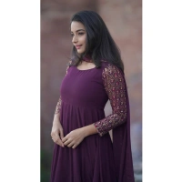 Shopnav Women's Georgette Embroidery 3-4th Sleeve Round Neck Kurti with Dupatta Set (Wine) - L