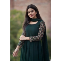 Shopnav Women's Georgette Embroidery 3-4th Sleeve Round Neck Kurti with Dupatta Set (Green) - XL