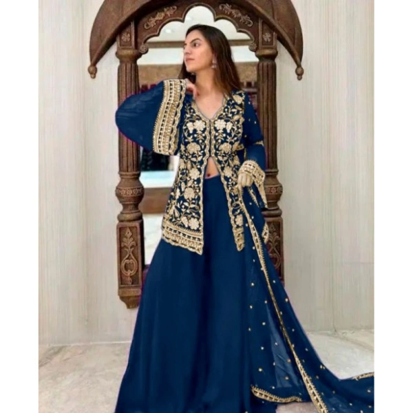 Shopnav Women's Georgette Embroidery 3-4th Sleeve V-Neck Kurti, Palazzo And Dupatta Set (Morpich) - 2XL