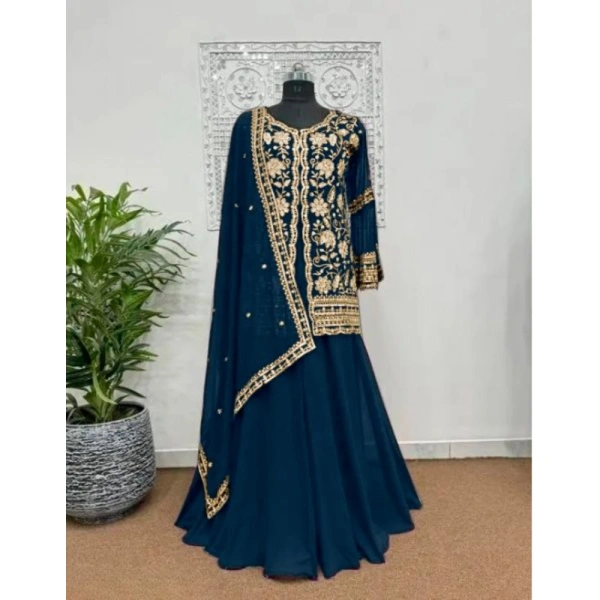 Shopnav Women's Georgette Embroidery 3-4th Sleeve V-Neck Kurti, Palazzo And Dupatta Set (Morpich) - 2XL