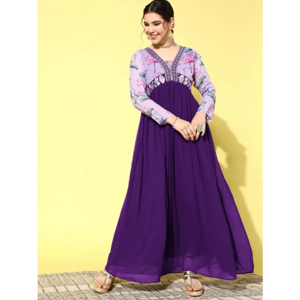 Shopnav Women's Georgette Embroidery 3-4th Sleeve V-Neck Kurti (Purple) - M