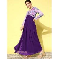 Shopnav Women's Georgette Embroidery 3-4th Sleeve V-Neck Kurti (Purple) - M