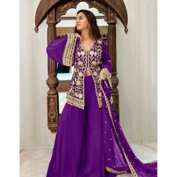 Shopnav Women's Georgette Embroidery 3-4th Sleeve V-Neck Kurti, Palazzo And Dupatta Set (Purple) - L