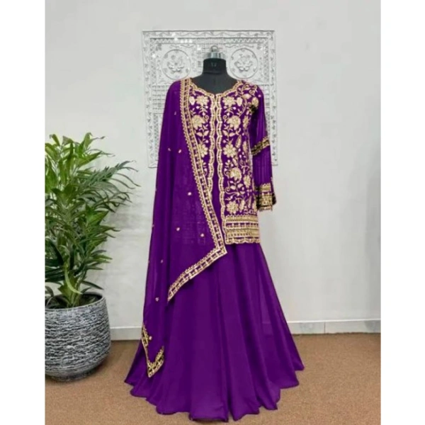 Shopnav Women's Georgette Embroidery 3-4th Sleeve V-Neck Kurti, Palazzo And Dupatta Set (Purple) - L