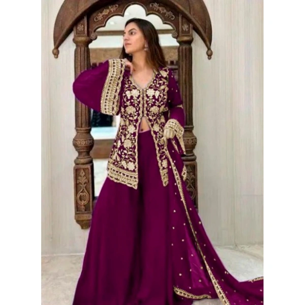 Shopnav Women's Georgette Embroidery 3-4th Sleeve V-Neck Kurti, Palazzo And Dupatta Set (Wine) - 2XL