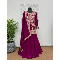 Shopnav Women's Georgette Embroidery 3-4th Sleeve V-Neck Kurti, Palazzo And Dupatta Set (Wine) - 2XL
