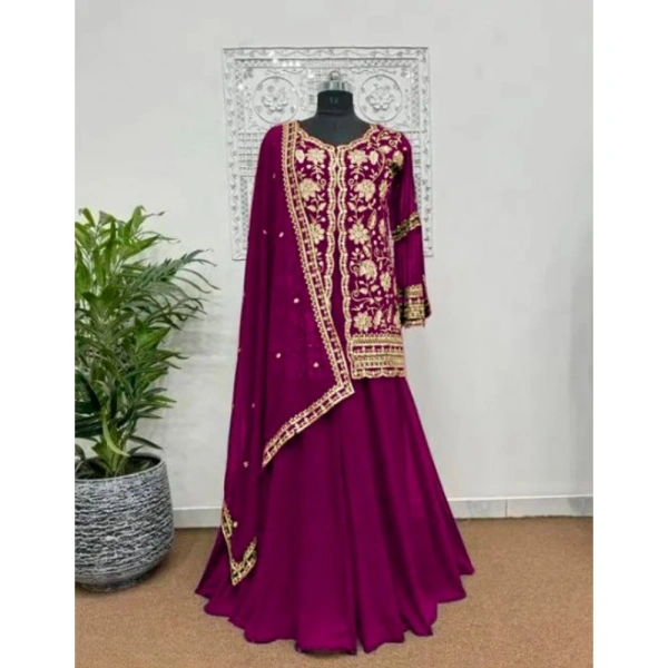 Shopnav Women's Georgette Embroidery 3-4th Sleeve V-Neck Kurti, Palazzo And Dupatta Set (Wine) - 2XL