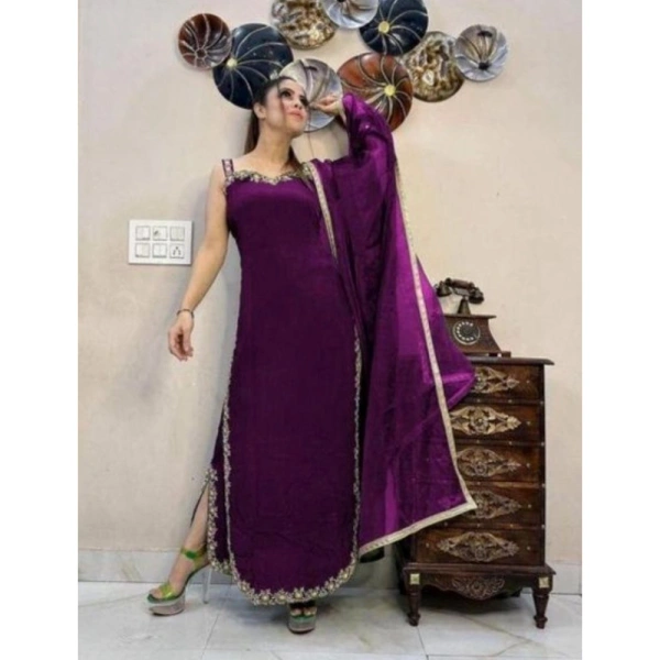 Shopnav Women's Georgette Embroidery Sleeveless Round Neck Kurti, Palazzo And Dupatta Set (Wine) - M