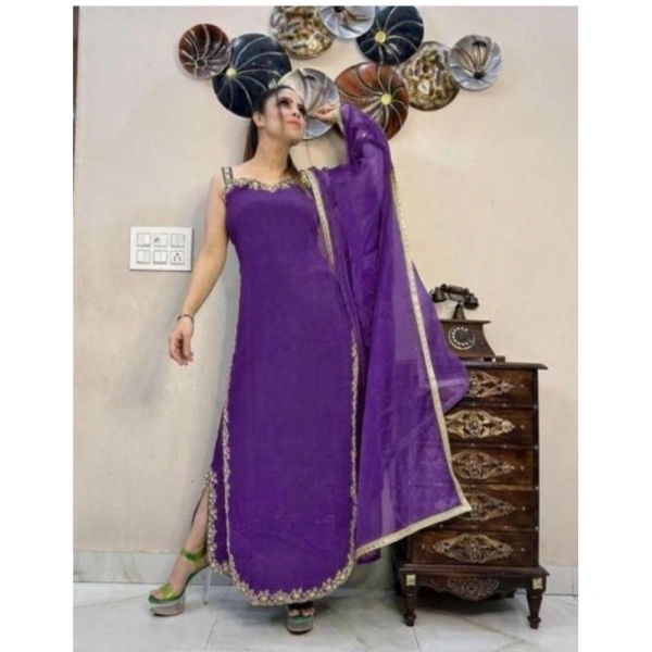 Shopnav Women's Georgette Embroidery Sleeveless Round Neck Kurti, Palazzo And Dupatta Set (Purple) - XS