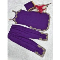 Shopnav Women's Georgette Embroidery Sleeveless Round Neck Kurti, Palazzo And Dupatta Set (Purple) - XS