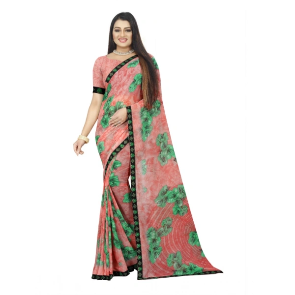Women's Georgette Floral Print Saree With Unstitched Blouse 5.5Mtr (Pink) - Pink