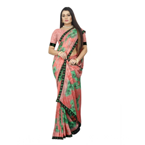 Women's Georgette Floral Print Saree With Unstitched Blouse 5.5Mtr (Pink) - Pink