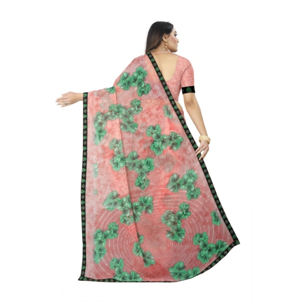 Women's Georgette Floral Print Saree With Unstitched Blouse 5.5Mtr (Pink) - Pink