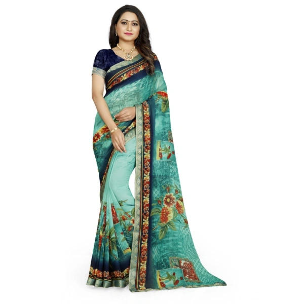 Women's Georgette Floral Print Saree With Unstitched Blouse 5.5Mtr (Light Blue) - Light Blue