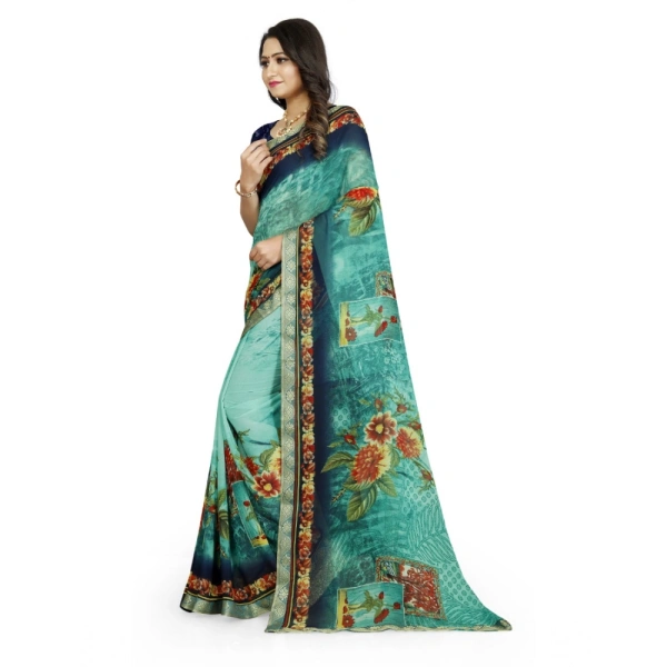 Women's Georgette Floral Print Saree With Unstitched Blouse 5.5Mtr (Light Blue) - Light Blue