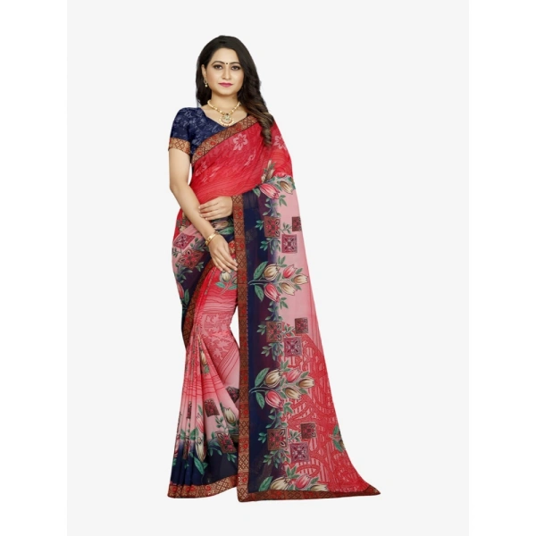 Women's Georgette Floral Print Saree With Unstitched Blouse 5.5Mtr (Blue-Pink) - Blue-Pink