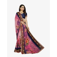 Women's Georgette Floral Print Saree With Unstitched Blouse 5.5Mtr (Blue-Pink) - Blue-Pink